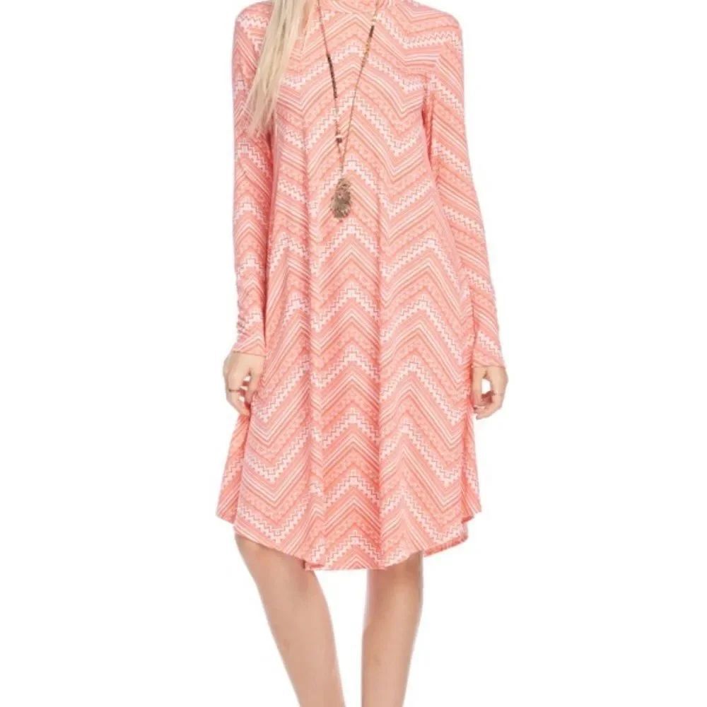 NEW! Cute Coral Color Chevron Pattern Long Sleeve Dress - Picture 3 of 3